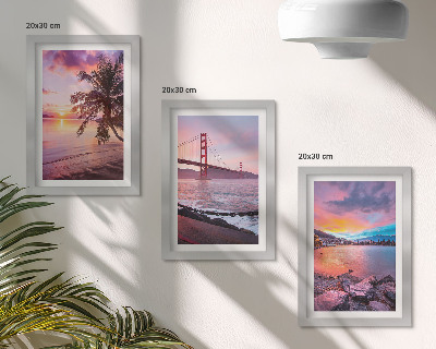 Juego de 3 cuadros decorativos Puestas de sol sobre el puente y el paisaje acuático