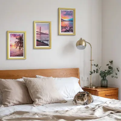 Juego de 3 cuadros decorativos con diseño de puestas de sol sobre el puente y paisaje acuático