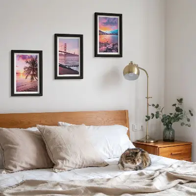 Juego de 3 cuadros decorativos con diseño de puestas de sol sobre el puente y paisaje acuático