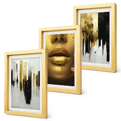 Tríptico de pintura abstracta y retrato de una mujer enmarcado
