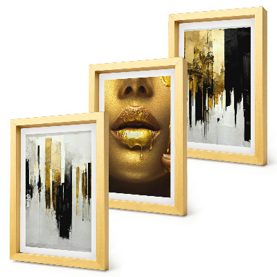 Tríptico enmarcado Pintura abstracta y retrato de una mujer.