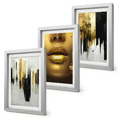 Tríptico de pintura abstracta y retrato de una mujer enmarcado