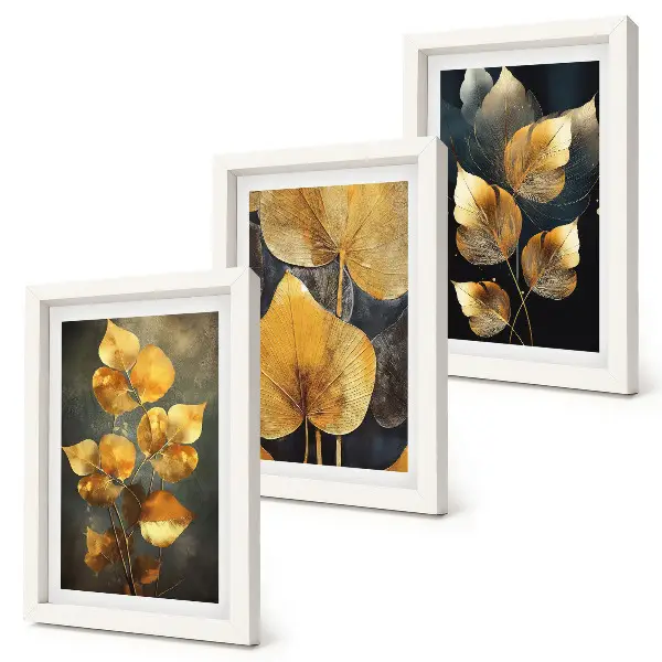 Juego de 3 cuadros decorativos con diseño de hojas en tonos amarillos sobre fondo oscuro