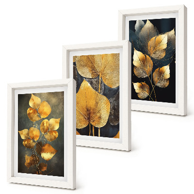 Juego de 3 cuadros decorativos Hojas en tonos amarillos sobre un fondo oscuro