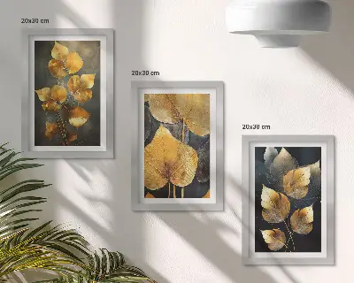 Juego de 3 cuadros decorativos con diseño de hojas en tonos amarillos sobre fondo oscuro