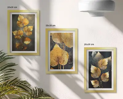 Juego de 3 cuadros decorativos con diseño de hojas en tonos amarillos sobre fondo oscuro