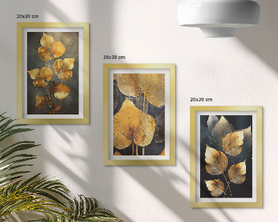 Juego de 3 cuadros decorativos Hojas en tonos amarillos sobre un fondo oscuro