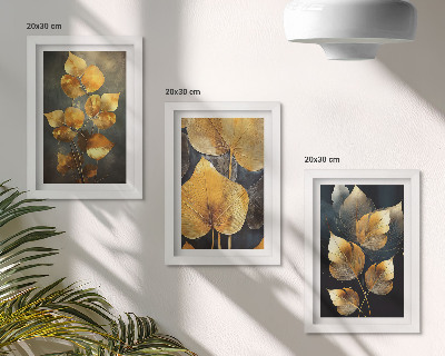 Juego de 3 cuadros decorativos Hojas en tonos amarillos sobre un fondo oscuro