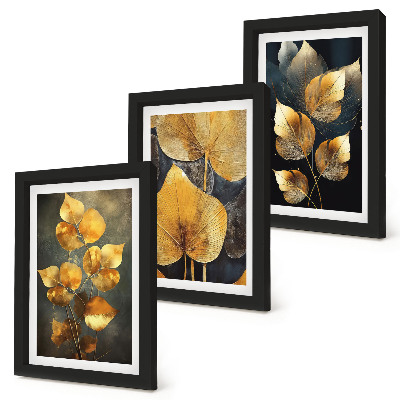 Juego de 3 cuadros decorativos Hojas en tonos amarillos sobre un fondo oscuro