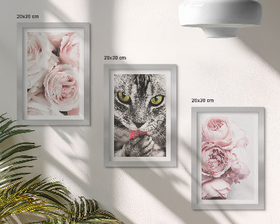 Tríptico enmarcado Un gato entre flores rosas y peonías.