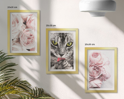 Tríptico enmarcado Un gato entre flores rosas y peonías.