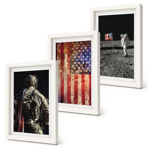Tríptico enmarcado de insignias y bandera de los Estados Unidos