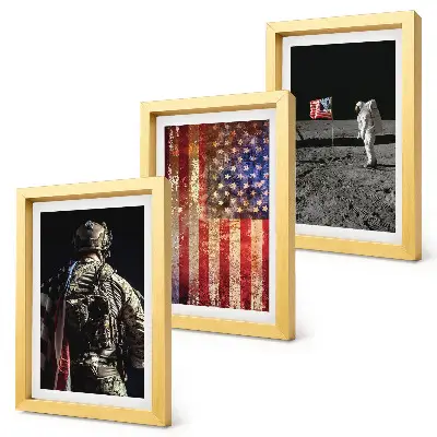 Tríptico enmarcado de insignias y bandera de los Estados Unidos