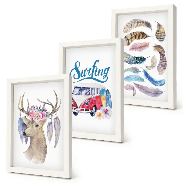 Juego de 3 cuadros decorativos con diseño de ciervo con astas, flores y furgoneta de vacaciones con plumas