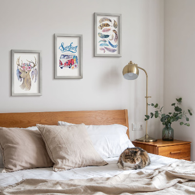 Juego de 3 cuadros decorativos Ciervo con astas y flores, furgoneta de vacaciones con plumas