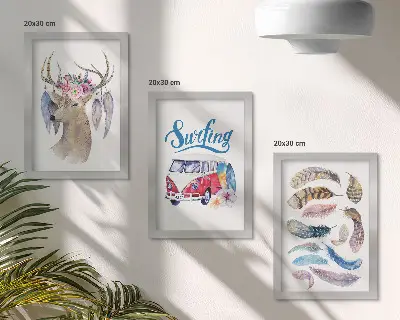 Juego de 3 cuadros decorativos con diseño de ciervo con astas, flores y furgoneta de vacaciones con plumas