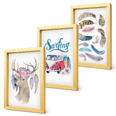 Juego de 3 cuadros decorativos con diseño de ciervo con astas, flores y furgoneta de vacaciones con plumas