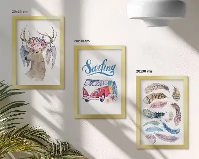 Juego de 3 cuadros decorativos con diseño de ciervo con astas, flores y furgoneta de vacaciones con plumas