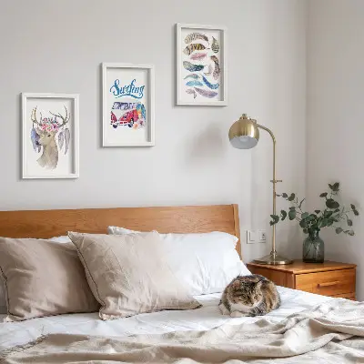 Juego de 3 cuadros decorativos con diseño de ciervo con astas, flores y furgoneta de vacaciones con plumas