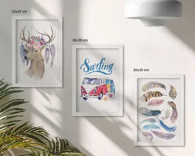 Juego de 3 cuadros decorativos con diseño de ciervo con astas, flores y furgoneta de vacaciones con plumas