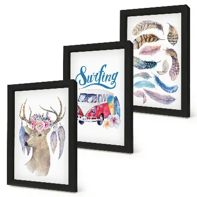 Juego de 3 cuadros decorativos con diseño de ciervo con astas, flores y furgoneta de vacaciones con plumas