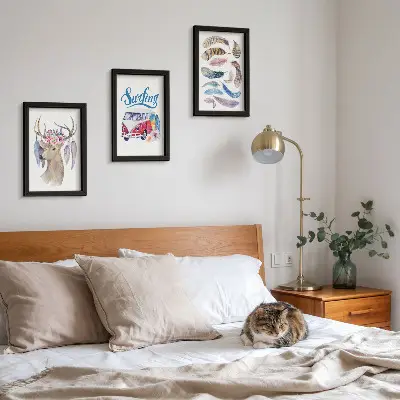 Juego de 3 cuadros decorativos con diseño de ciervo con astas, flores y furgoneta de vacaciones con plumas