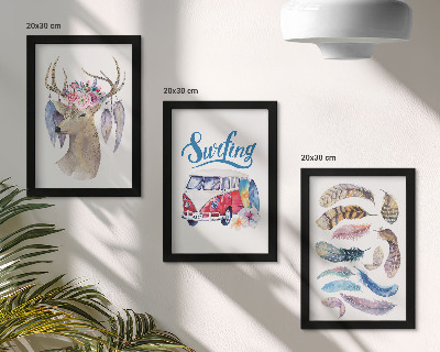 Juego de 3 cuadros decorativos Ciervo con astas y flores, furgoneta de vacaciones con plumas