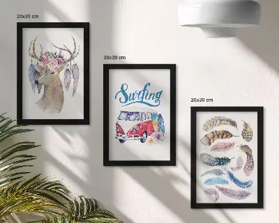 Juego de 3 cuadros decorativos con diseño de ciervo con astas, flores y furgoneta de vacaciones con plumas