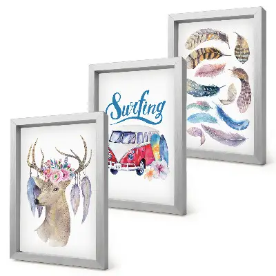 Juego de 3 cuadros decorativos con diseño de ciervo con astas, flores y furgoneta de vacaciones con plumas