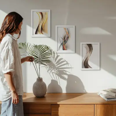 Juego de 3 cuadros decorativos con diseño de ondas en tonos amarillos grises y marrones