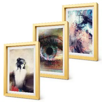 Tríptico enmarcado retrato de un ojo de mujer con colores abstractos que expresan emociones