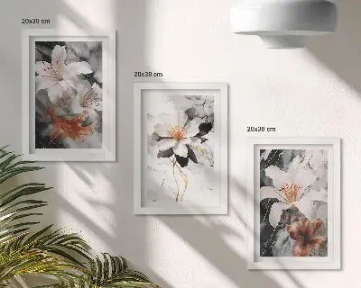 Tríptico enmarcado flores sobre fondo de mármol en tonos blancos y negros