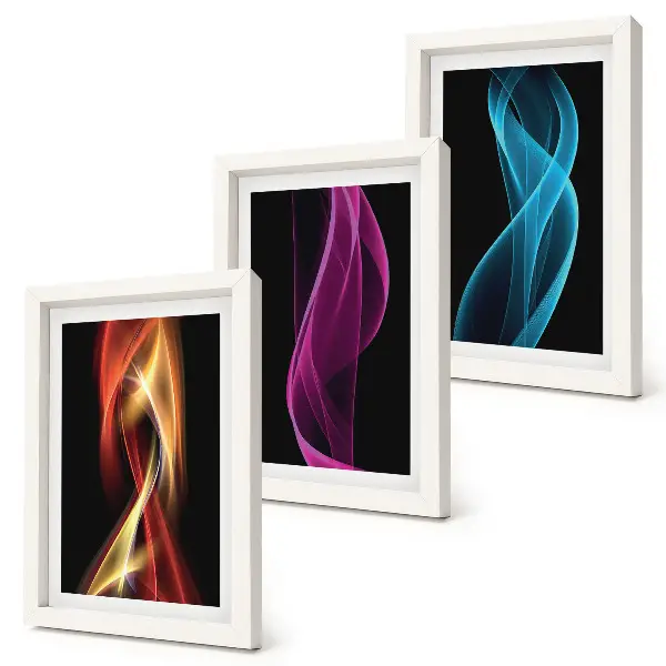 Juego de 3 cuadros decorativos con diseño de ondas de líneas de neón coloridas sobre fondo oscuro