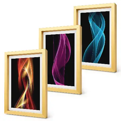 Juego de 3 cuadros decorativos con diseño de ondas de líneas de neón coloridas sobre fondo oscuro