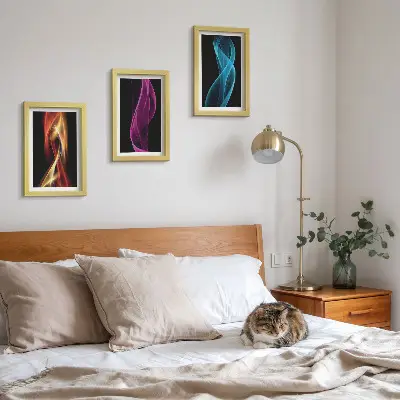 Juego de 3 cuadros decorativos con diseño de ondas de líneas de neón coloridas sobre fondo oscuro