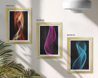 Juego de 3 cuadros decorativos con diseño de ondas de líneas de neón coloridas sobre fondo oscuro