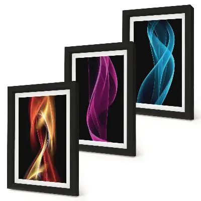 Juego de 3 cuadros decorativos con diseño de ondas de líneas de neón coloridas sobre fondo oscuro