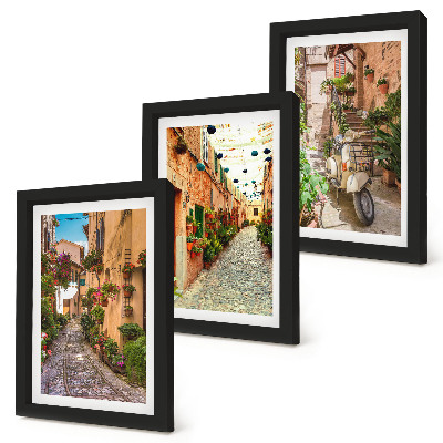 Juego de 3 cuadros decorativos Calles encantadoras con flores en un ambiente italiano.