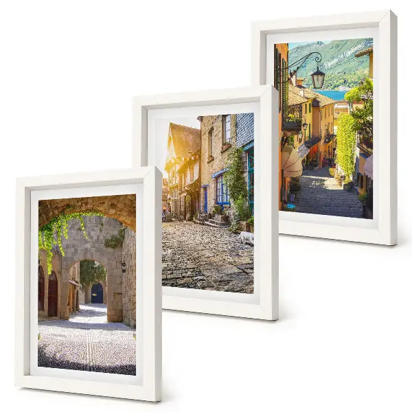 Juego de 3 cuadros decorativos con diseño de calles encantadoras con edificios y portones de piedra
