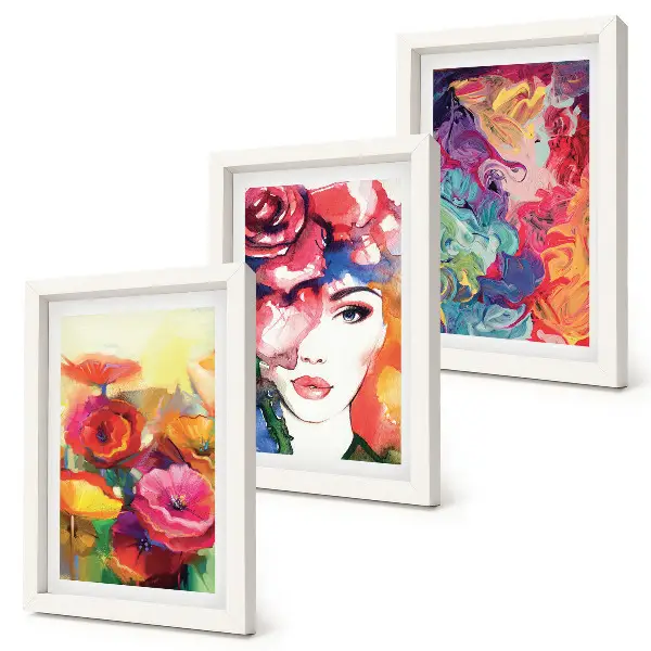 Tríptico enmarcado flores de colores intensos con retrato de mujer en estilo abstracto