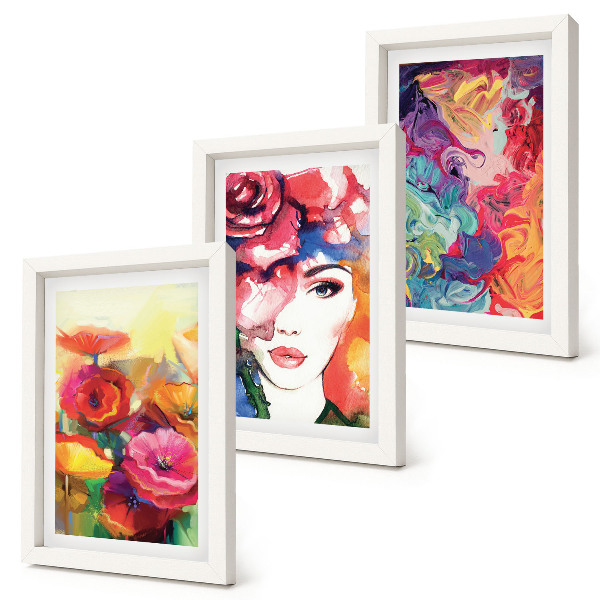 Tríptico enmarcado Flores de colores intensos, retrato de una mujer, abstracto