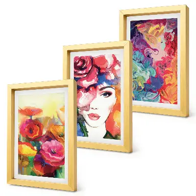 Tríptico enmarcado flores de colores intensos con retrato de mujer en estilo abstracto