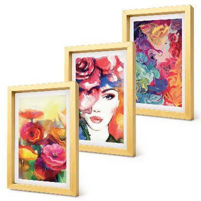 Tríptico enmarcado Flores de colores intensos, retrato de una mujer, abstracto