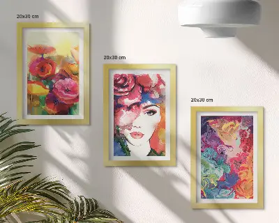 Tríptico enmarcado flores de colores intensos con retrato de mujer en estilo abstracto