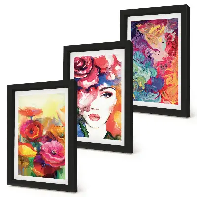 Tríptico enmarcado flores de colores intensos con retrato de mujer en estilo abstracto