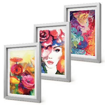 Tríptico enmarcado Flores de colores intensos, retrato de una mujer, abstracto