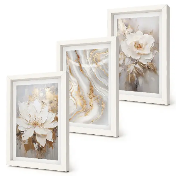 Juego de 3 cuadros decorativos con diseño de flores y patrón abstracto de mármol