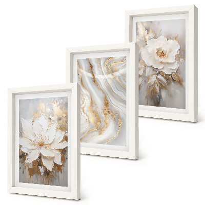 Juego de 3 cuadros decorativos Flores y patrón abstracto de mármol