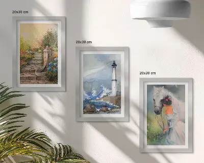 Tríptico enmarcado de paisajes naturales con faro y niña con caballo