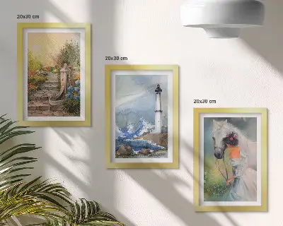 Tríptico enmarcado de paisajes naturales con faro y niña con caballo